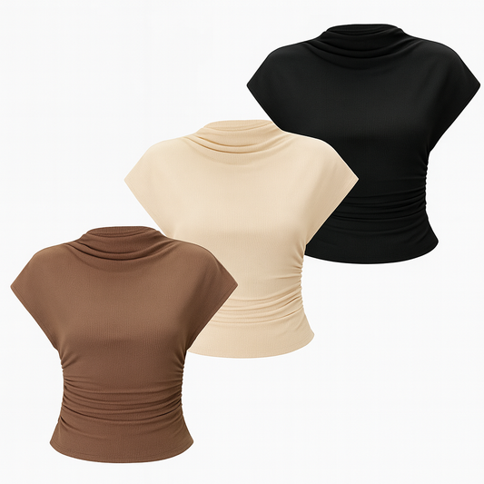 3er Set Damen Tops – Slim Fit mit Falten-Design