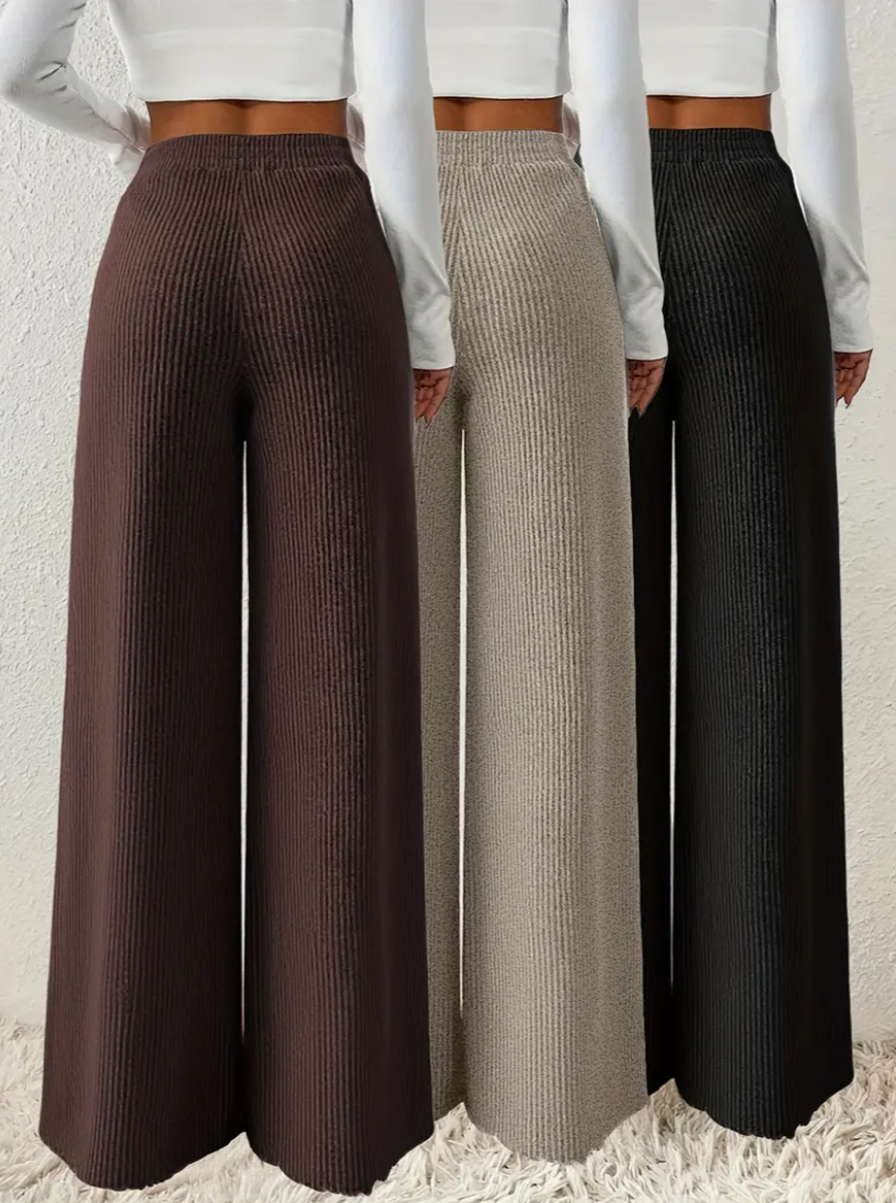 Damen Stretch-Ripp Loungehosen Set – 3-teilig, Weit & Bequem