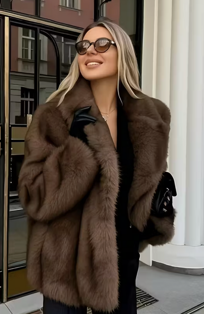 elegante  abrigo midi de manga larga en piel sintética