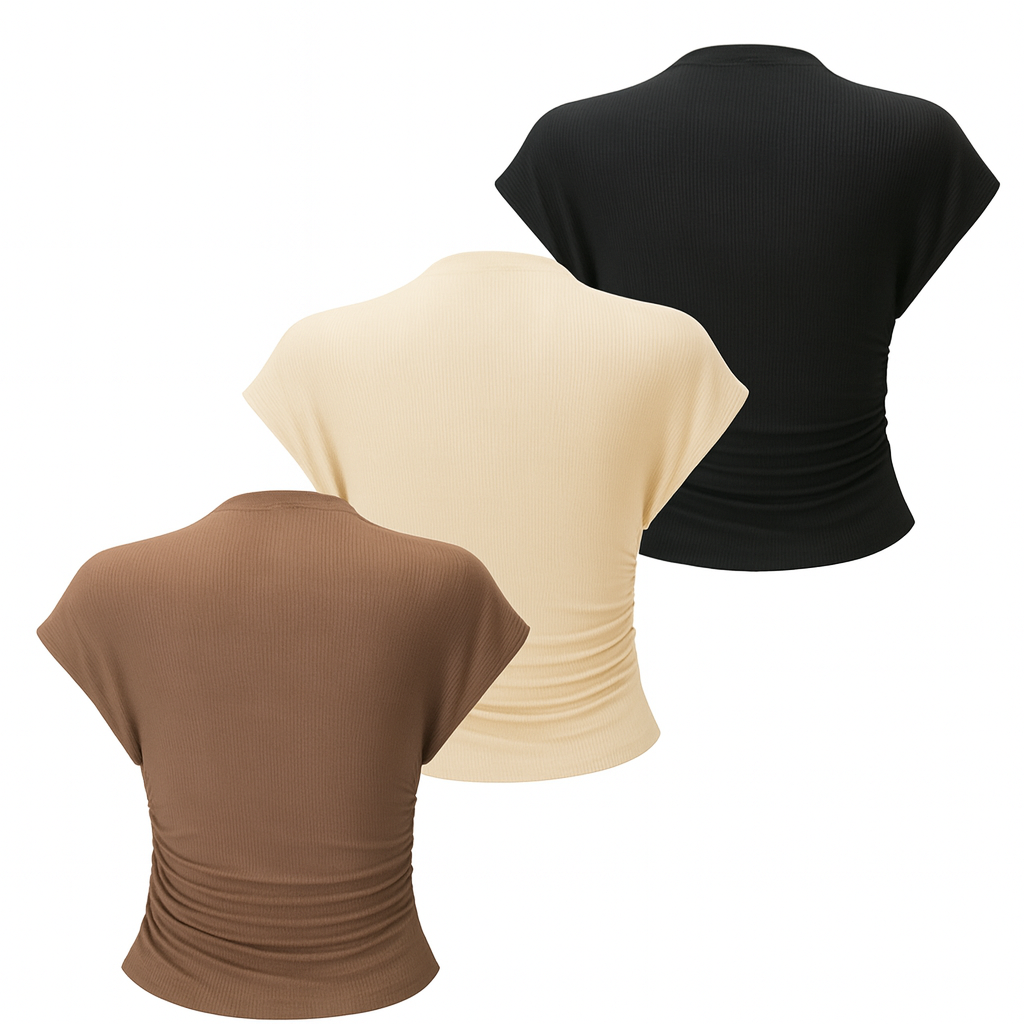 3er Set Damen Tops – Slim Fit mit Falten-Design