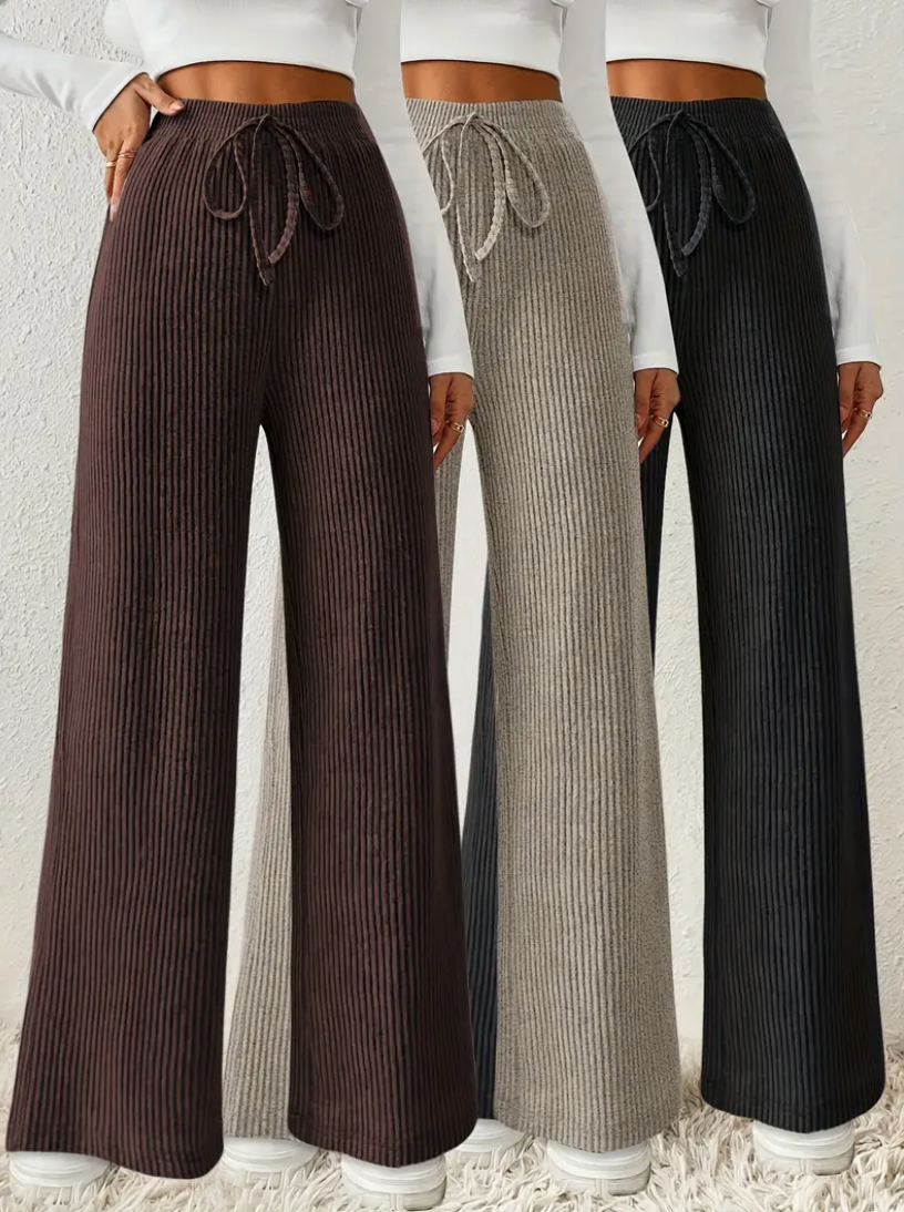 Damen Stretch-Ripp Loungehosen Set – 3-teilig, Weit & Bequem